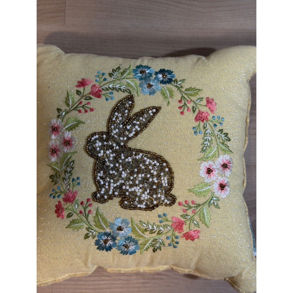Bunny Boulevard Pillow Yellow 12" Home Beaded Floral Easter Decor Toss Pillow